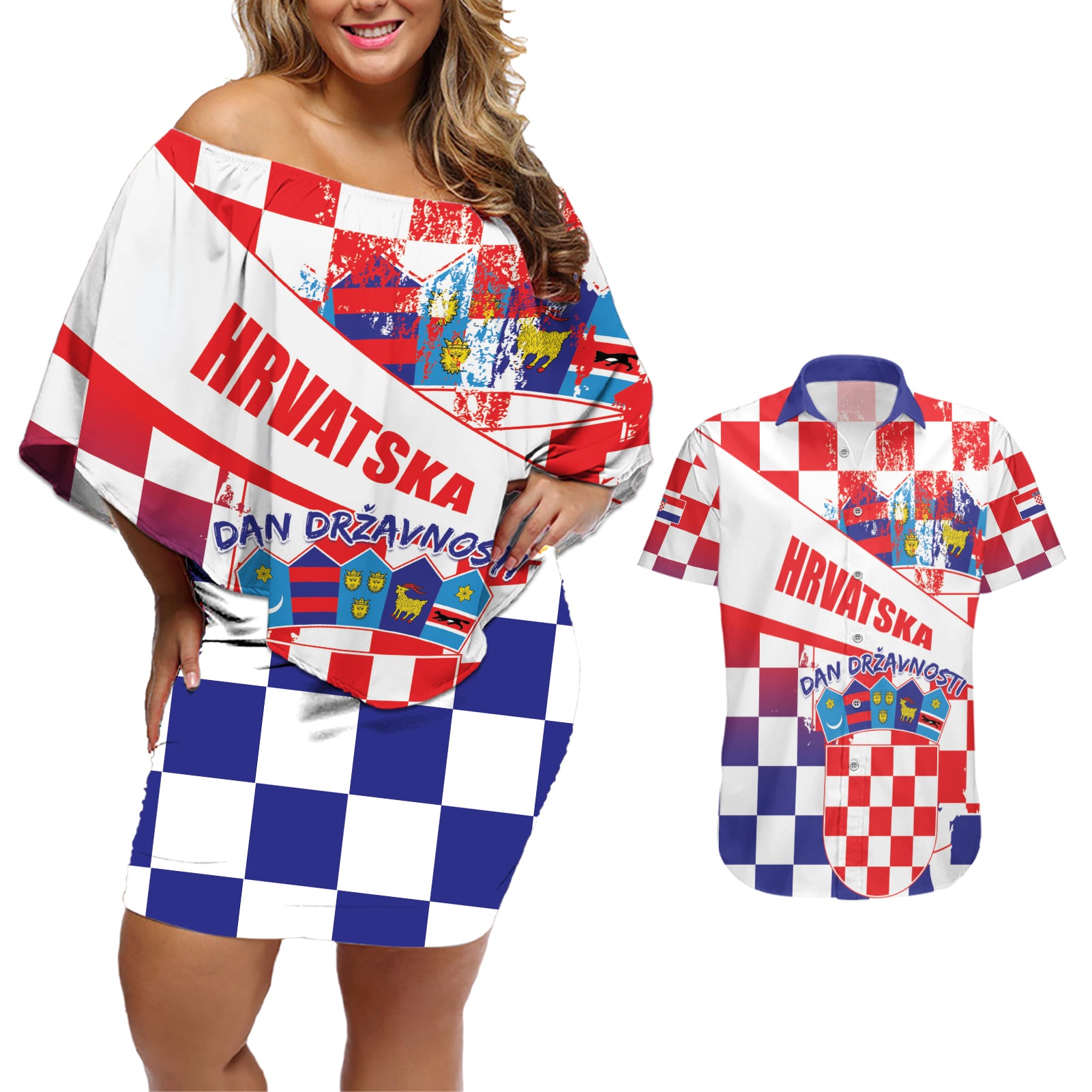 Croatia National Day 2024 Couples Matching Off Shoulder Short Dress and Hawaiian Shirt Hrvatska Dan drzavnosti - Wonder Print Shop