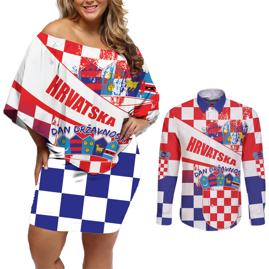 Croatia National Day 2024 Couples Matching Off Shoulder Short Dress and Long Sleeve Button Shirt Hrvatska Dan drzavnosti - Wonder Print Shop