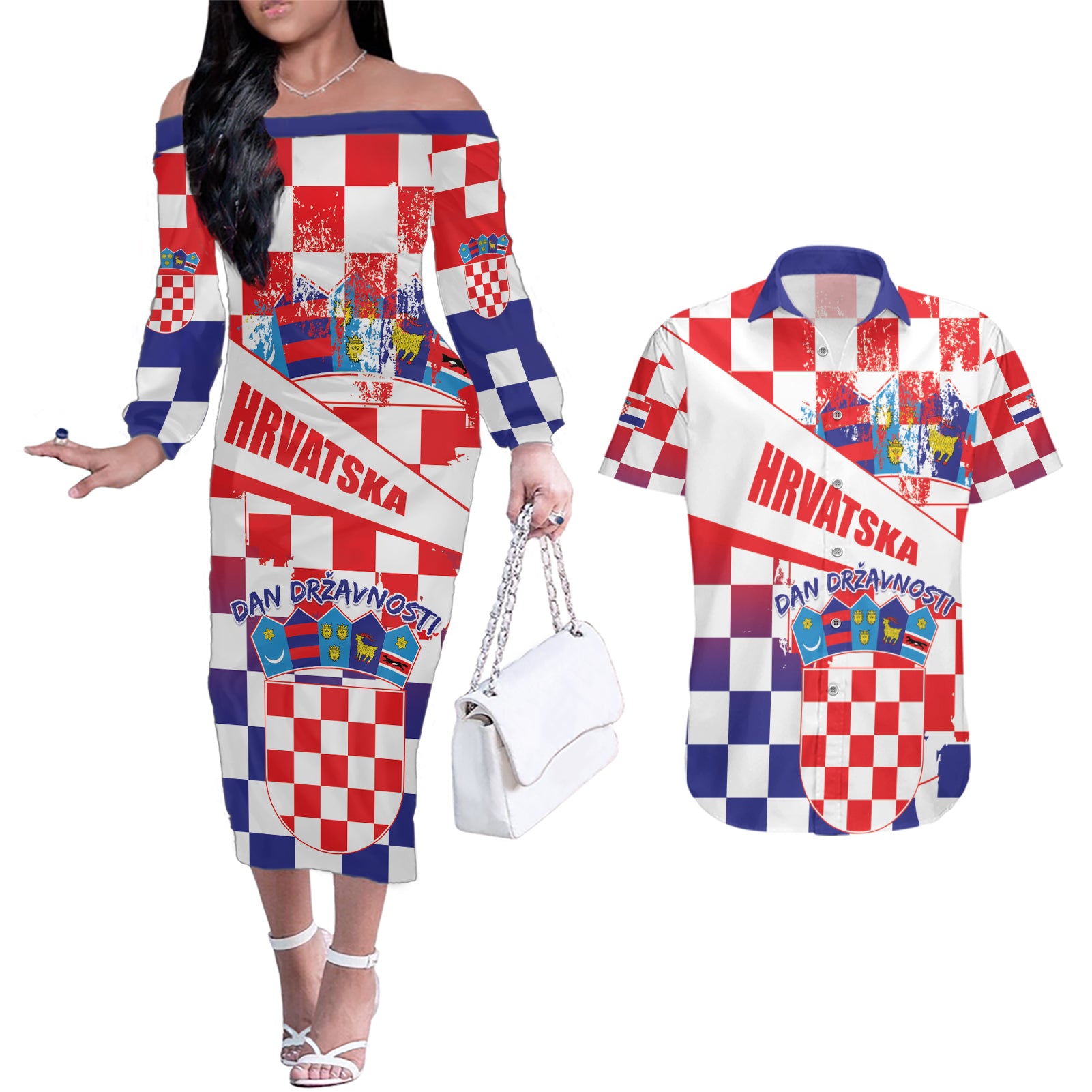 Croatia National Day 2024 Couples Matching Off The Shoulder Long Sleeve Dress and Hawaiian Shirt Hrvatska Dan drzavnosti - Wonder Print Shop