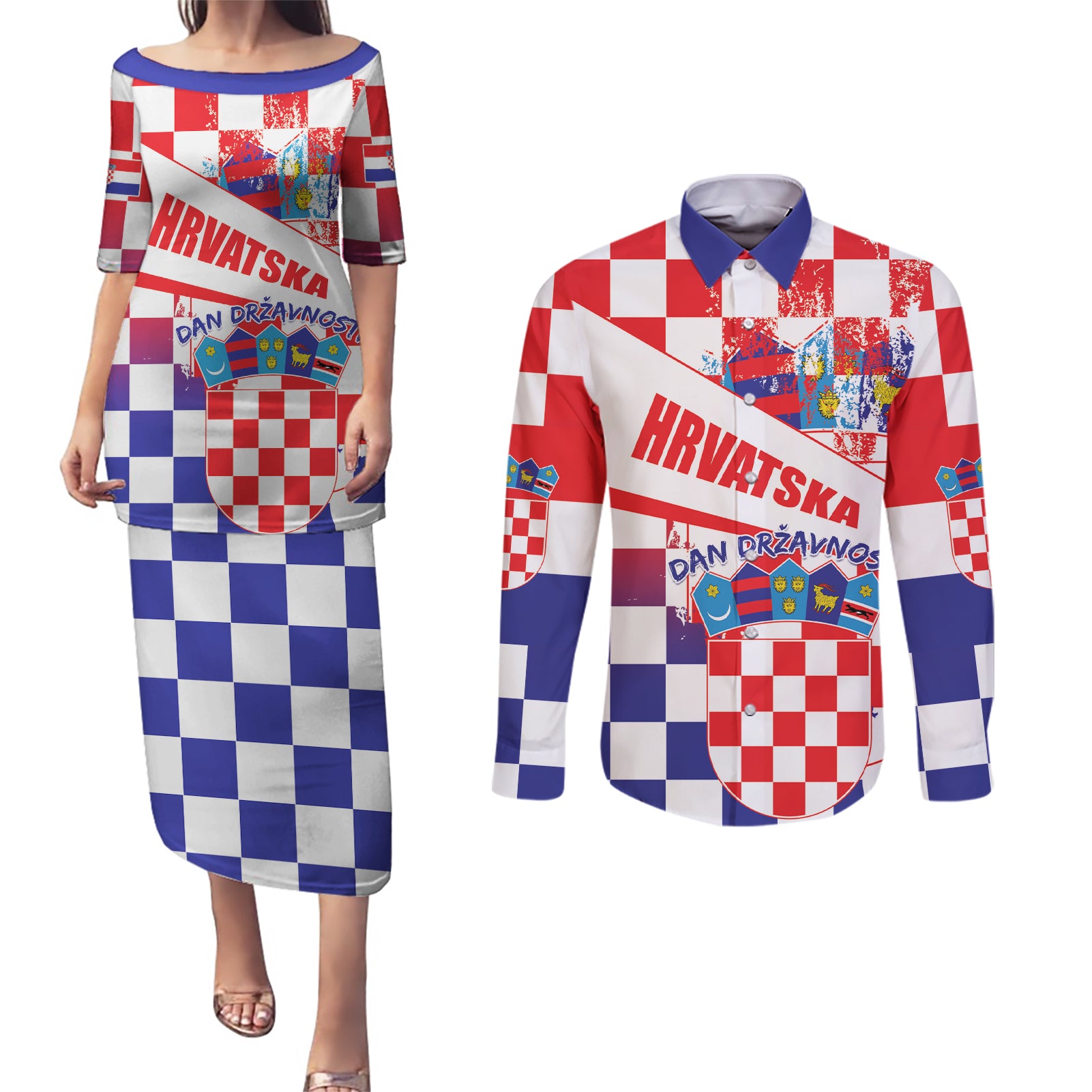 Croatia National Day 2024 Couples Matching Puletasi and Long Sleeve Button Shirt Hrvatska Dan drzavnosti - Wonder Print Shop