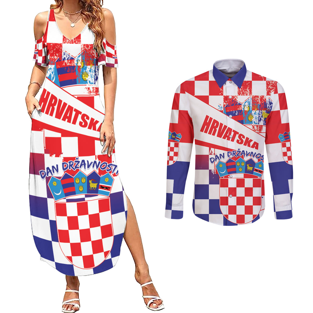 Croatia National Day 2024 Couples Matching Summer Maxi Dress and Long Sleeve Button Shirt Hrvatska Dan drzavnosti - Wonder Print Shop