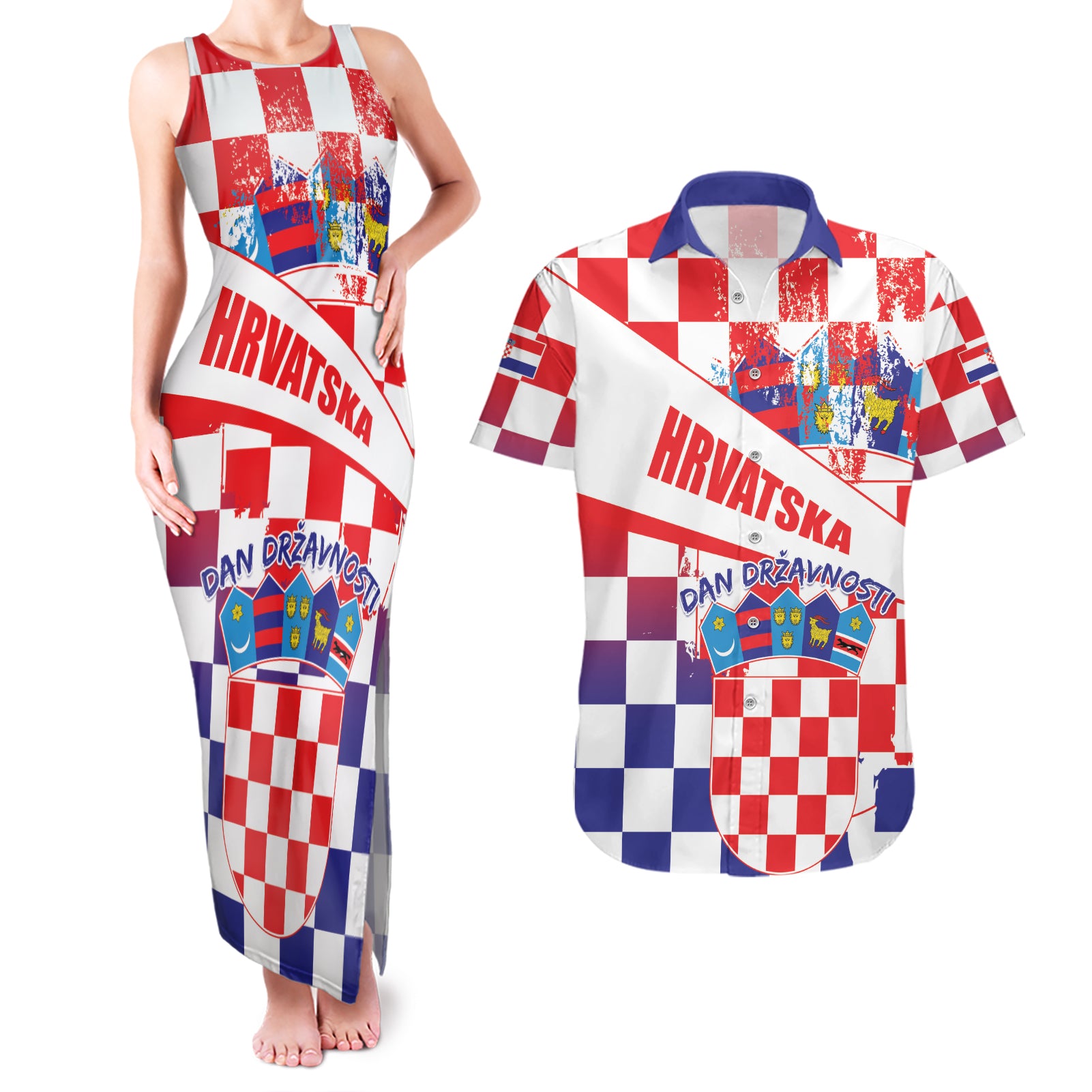 Croatia National Day 2024 Couples Matching Tank Maxi Dress and Hawaiian Shirt Hrvatska Dan drzavnosti - Wonder Print Shop