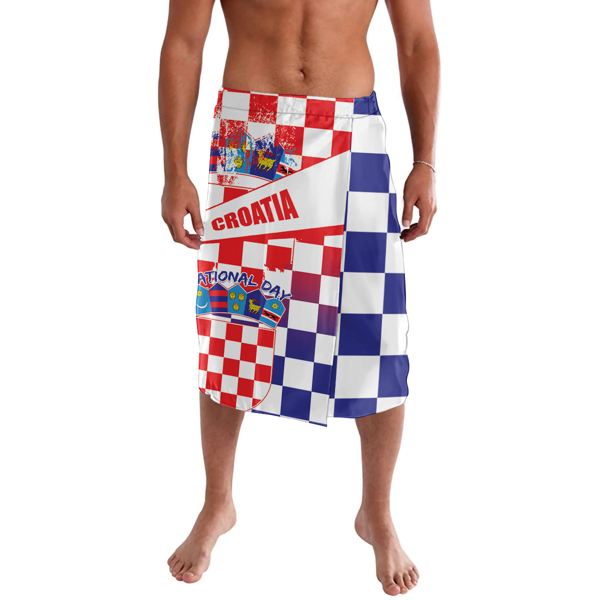 Croatia national day sarong wrap skirt, white with red checkers and blue grid panels
