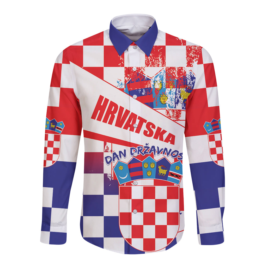 Long sleeve button shirt, red/blue/white checkered Croatia graphic front