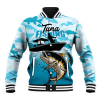 Blue fish-camouflage baseball jacket with striped collar, snap button front, tuna fishing graphic