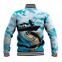 Blue fish-camouflage baseball jacket with striped ribbed collar, cuffs, and tuna fishing back print