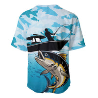 Blue fish camouflage baseball jersey with back view tuna graphic and silhouette boat