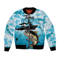 Unisex blue bomber jacket with tuna fish graphic and fish-camouflage sleeves