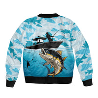 Unisex blue bomber jacket, back view, tuna fish fishing scene with camouflage