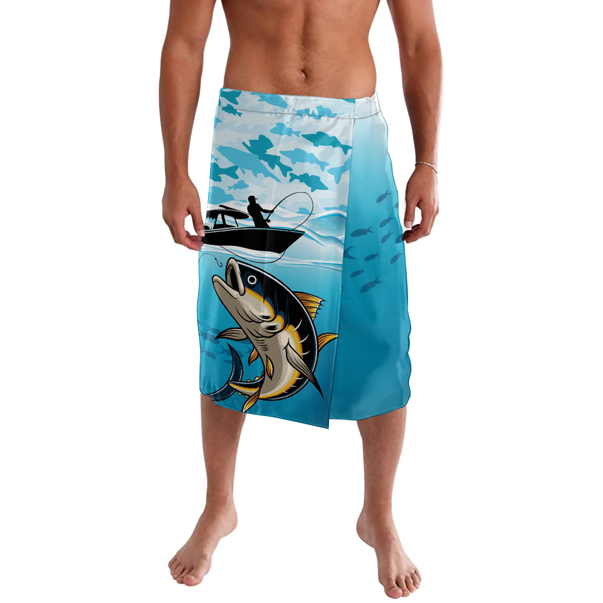 Blue lavalava with large tuna graphic and fish camouflage panel, elastic waistband