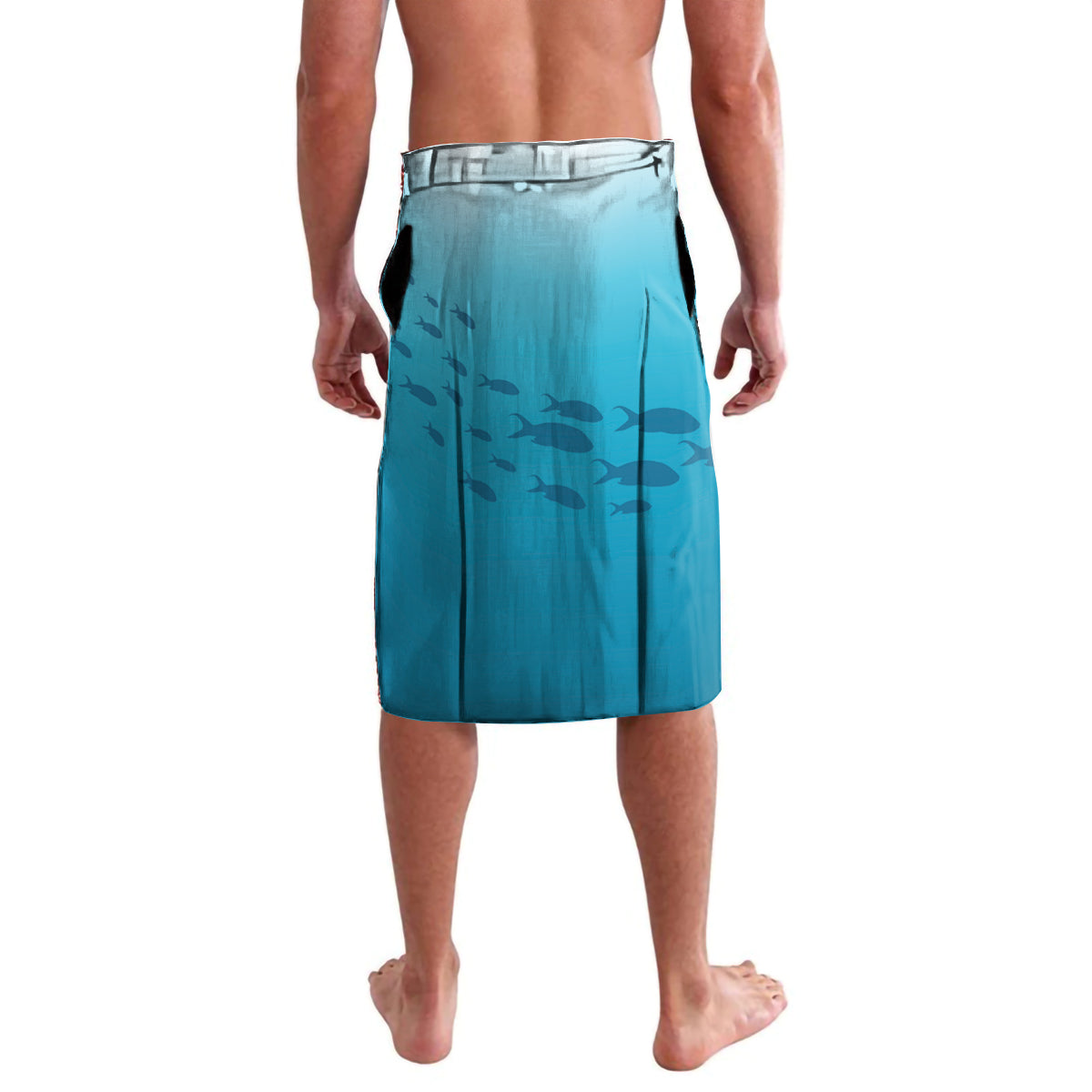 Blue fish camouflage lavalava with elastic waistband and straight skirt hem