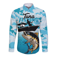 Blue long-sleeve button shirt with tuna fish camouflage graphic, front view
