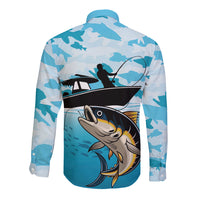 Blue long-sleeve button shirt with tuna fish camouflage graphic, back view