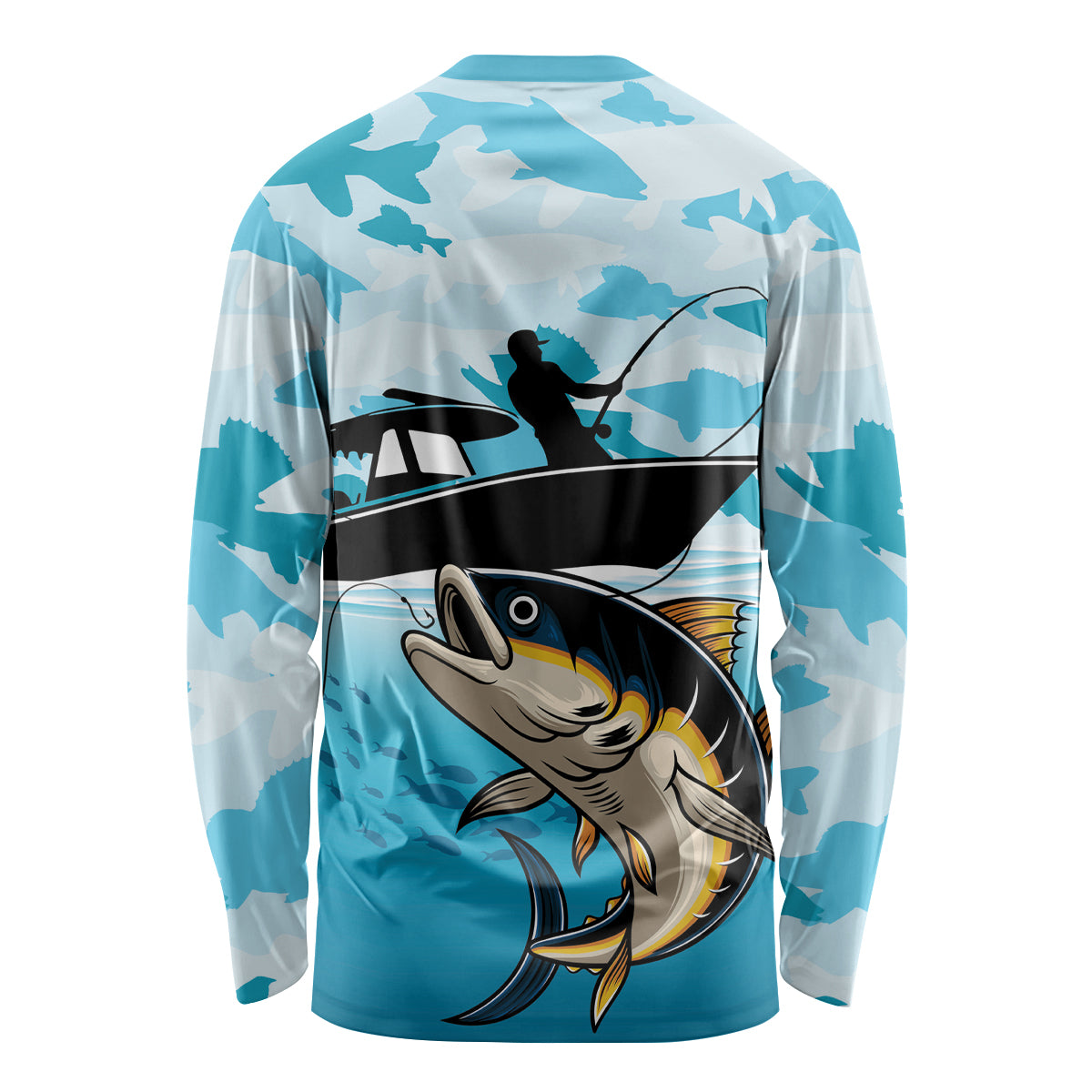 Unisex long-sleeve fishing shirt, blue fish camouflage with tuna graphic back