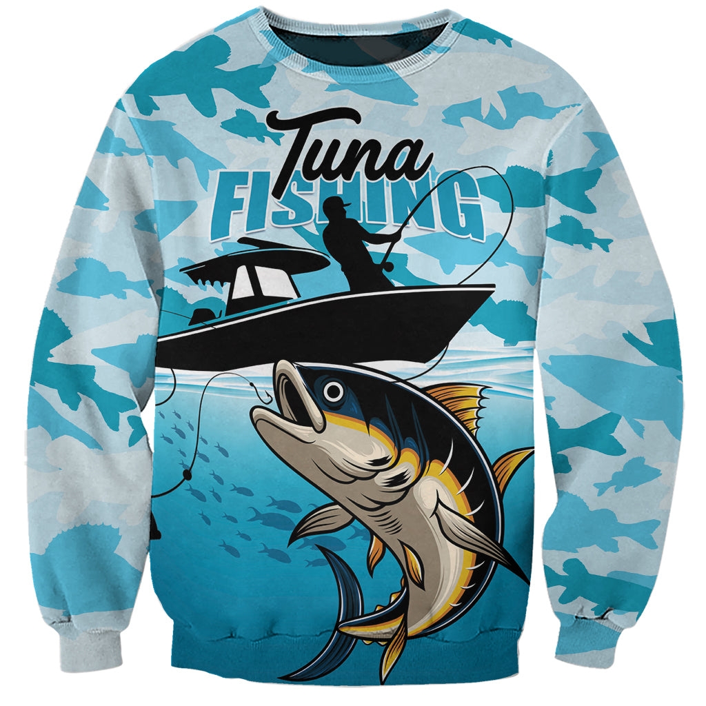 Blue unisex sweatshirt with tuna fish graphic on front and camouflage pattern