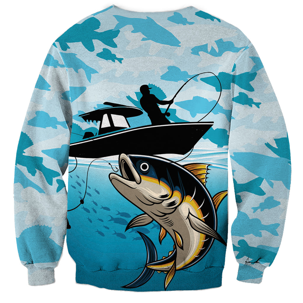 Blue unisex sweatshirt with tuna boat graphic and camouflage pattern, back view