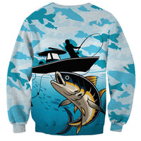 Blue unisex sweatshirt with tuna boat graphic and camouflage pattern, back view