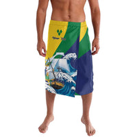 Personalized sailing swim shorts in green, yellow, and blue with wave graphic and text