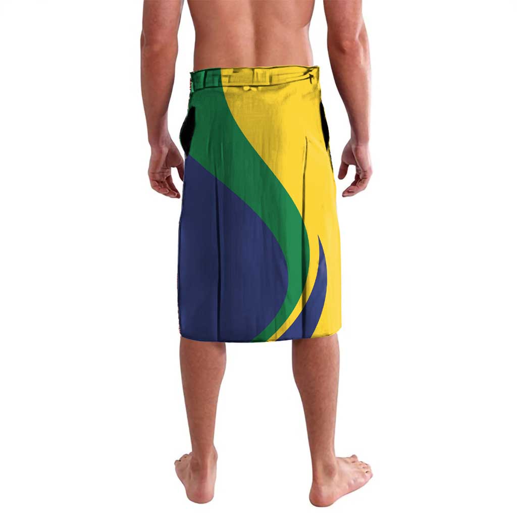 Personalized sailing swim shorts, back view, green and yellow with blue geometric panel