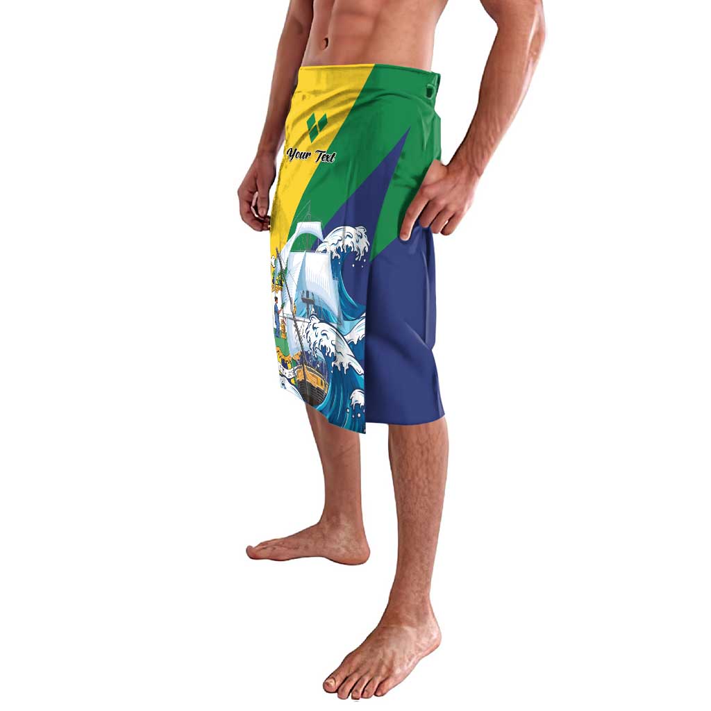 Personalized sailing swim shorts in green, yellow, and blue with wave print