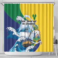 Sailing ship and ocean wave shower curtain, yellow right panel and blue left panel