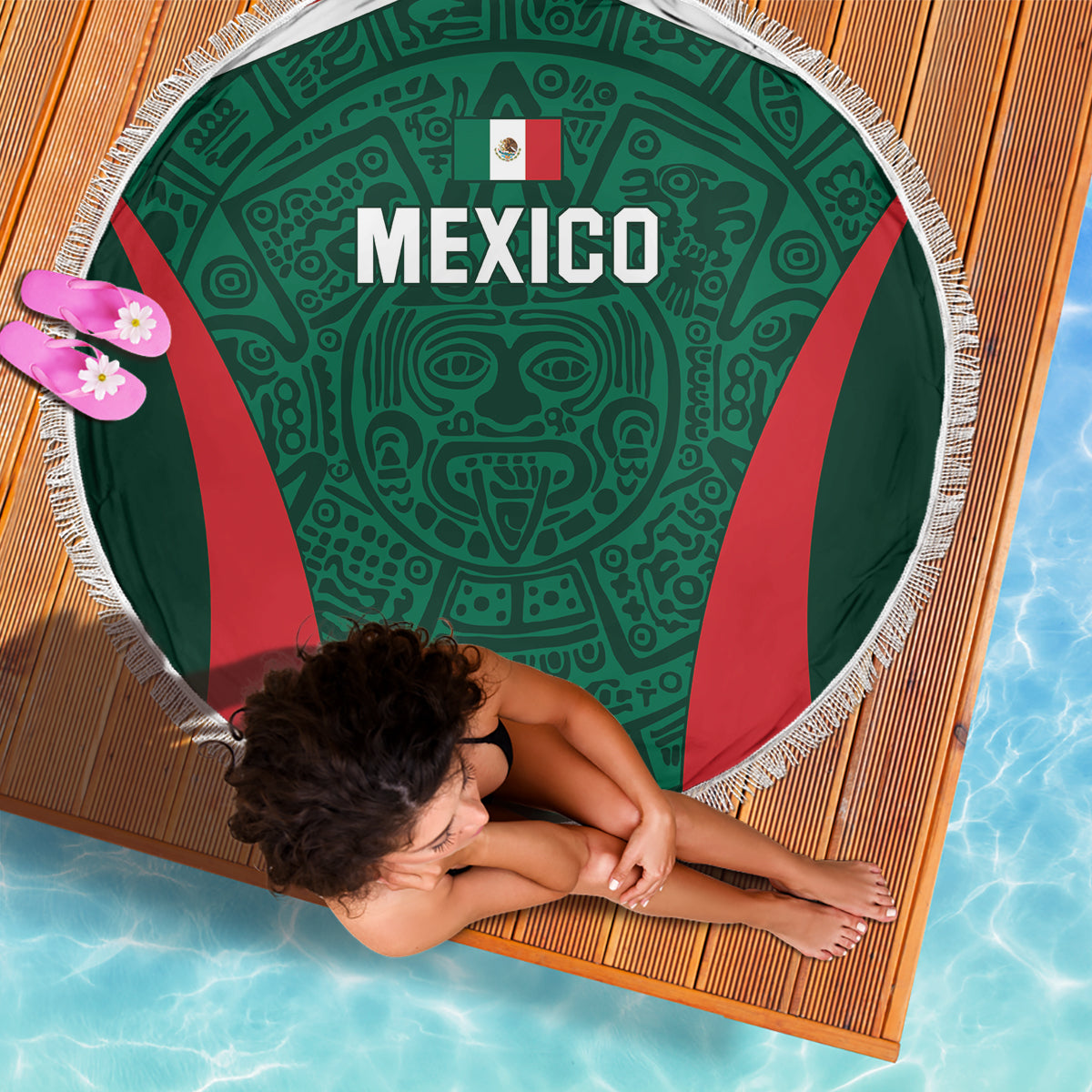 Mexico football beach blanket round green print with MEXICO text, fringed border