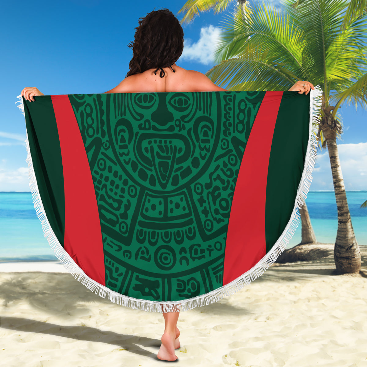 Mexico football beach blanket held open, green circular print with MEXICO and red stripes