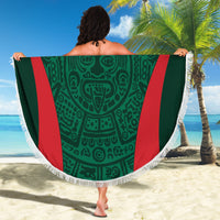 Mexico football beach blanket held open, green circular print with MEXICO and red stripes