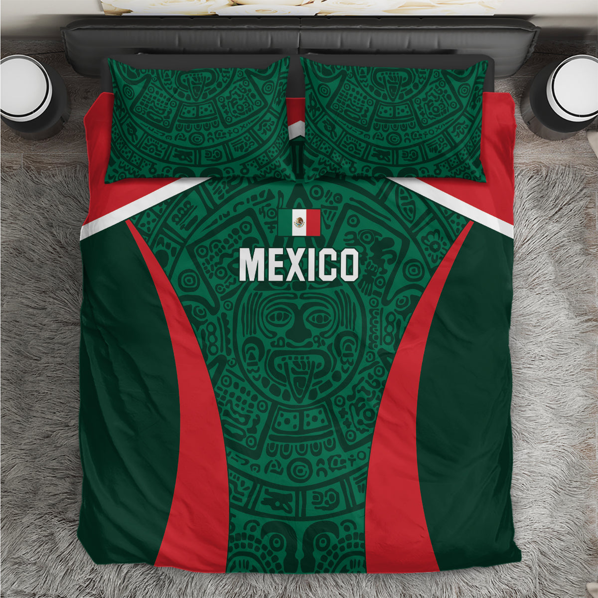 Green Mexico football bedding set with red and white panel design and 'MEXICO' crest