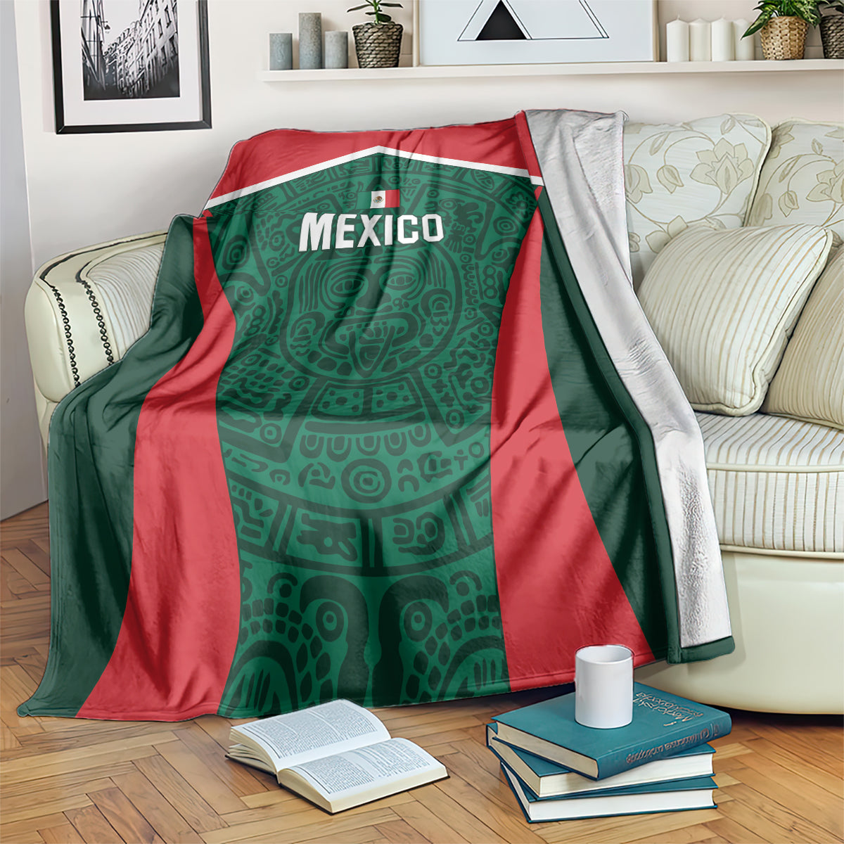 Mexico football blanket with green and red shield design and Mexico lettering, draped on sofa