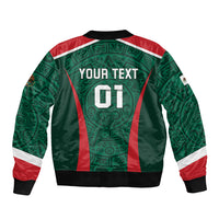 Green football bomber jacket back with 'YOUR TEXT' graphic, ribbed cuffs, and stripe design