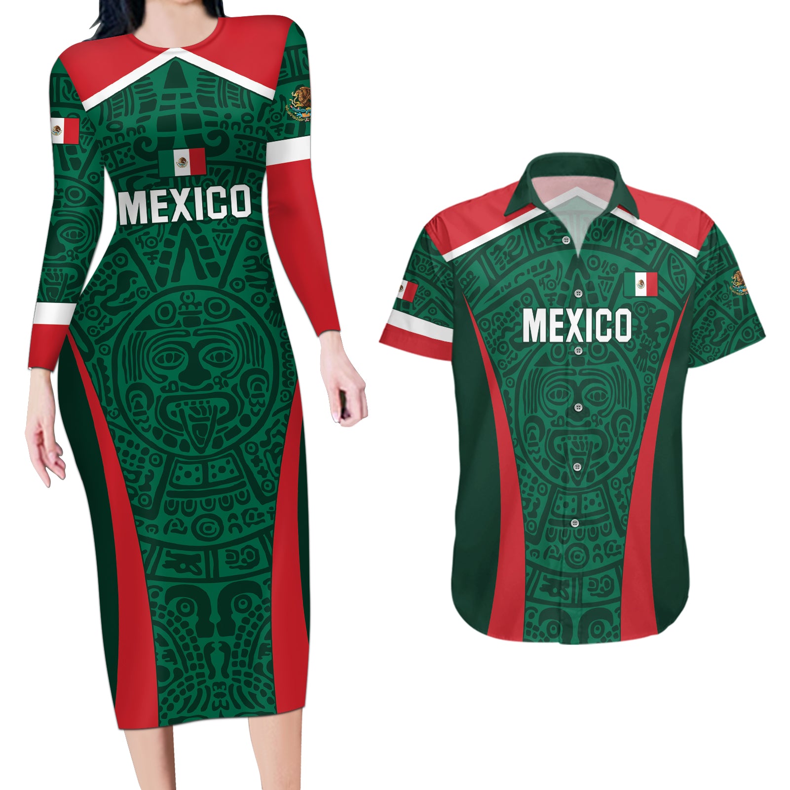 Personalized Mexico 2024 Football Couples Matching Long Sleeve Bodycon Dress and Hawaiian Shirt El Tri Go Champion