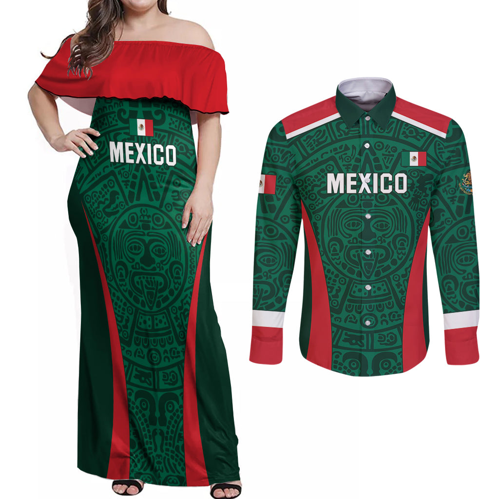 Personalized Mexico 2024 Football Couples Matching Off Shoulder Maxi Dress and Long Sleeve Button Shirt El Tri Go Champion