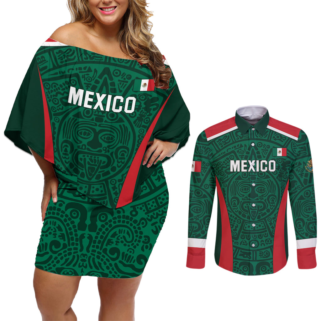 Personalized Mexico 2024 Football Couples Matching Off Shoulder Short Dress and Long Sleeve Button Shirt El Tri Go Champion