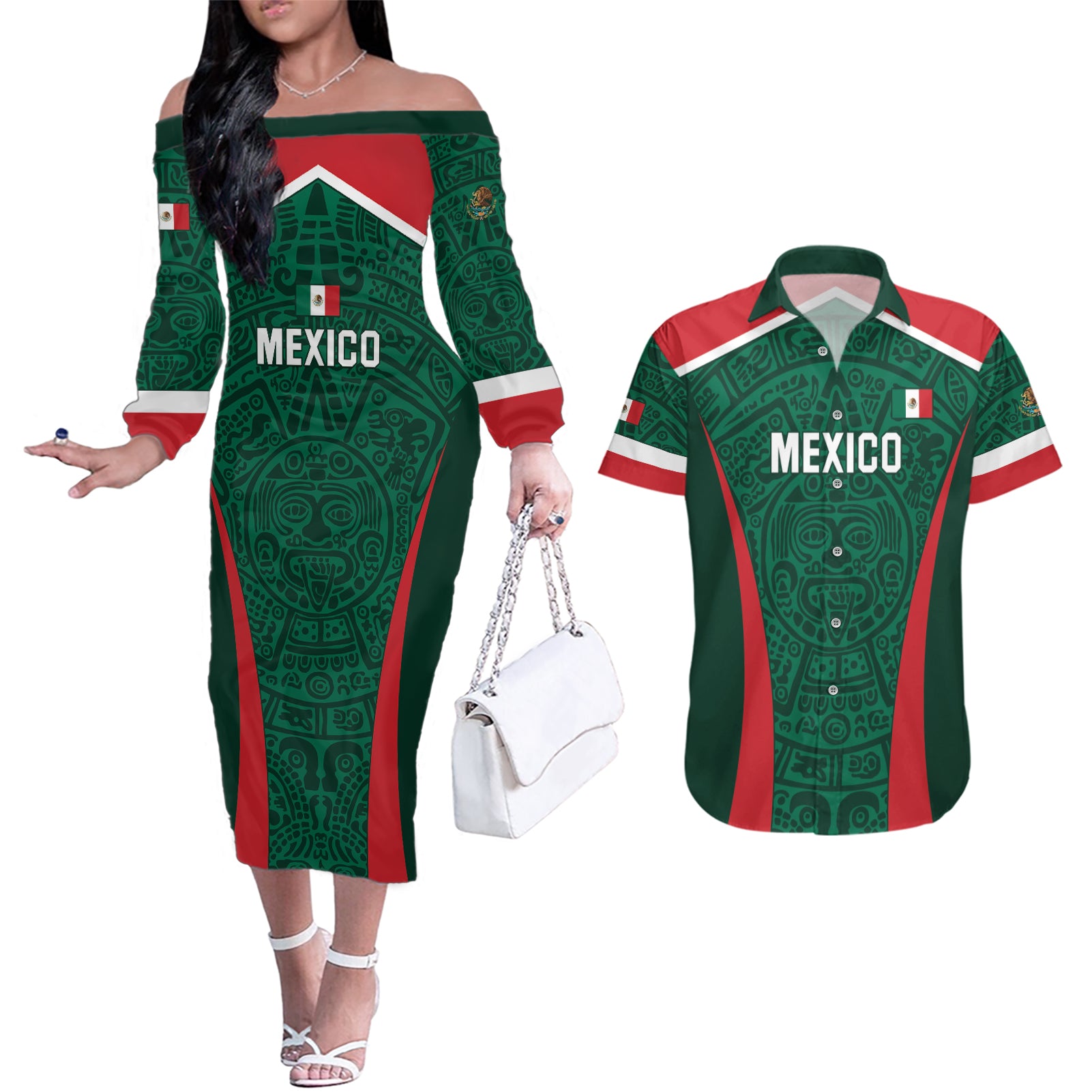 Personalized Mexico 2024 Football Couples Matching Off The Shoulder Long Sleeve Dress and Hawaiian Shirt El Tri Go Champion