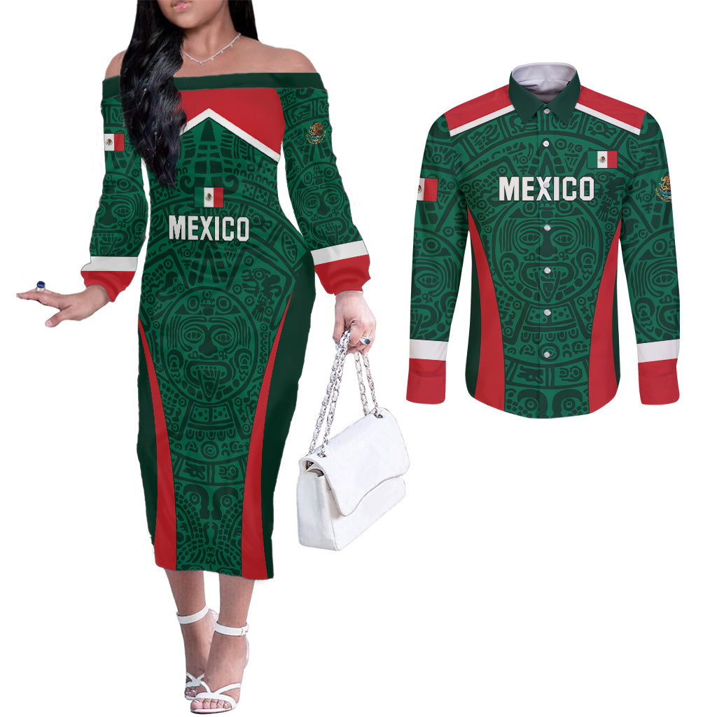 Personalized Mexico 2024 Football Couples Matching Off The Shoulder Long Sleeve Dress and Long Sleeve Button Shirt El Tri Go Champion