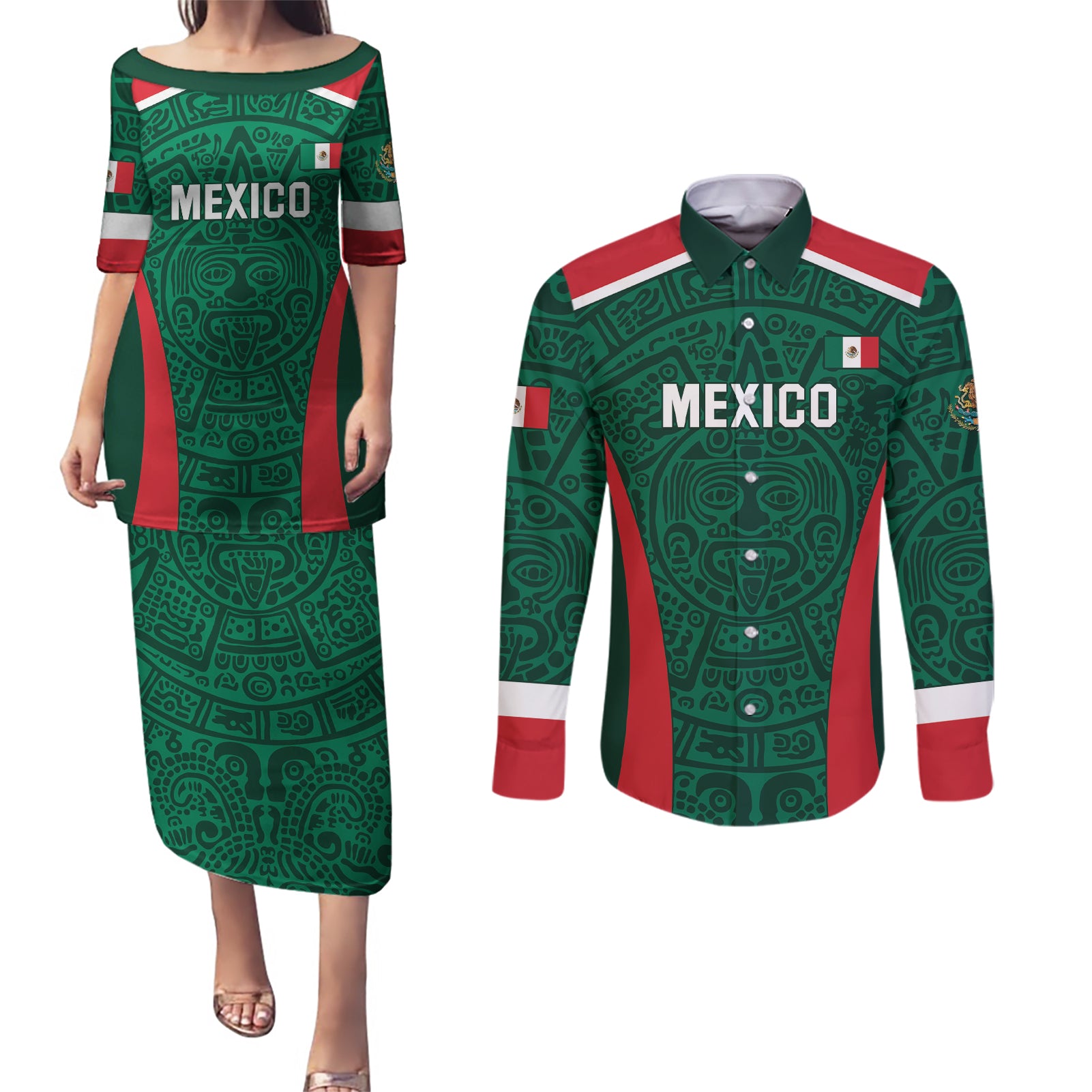 Personalized Mexico 2024 Football Couples Matching Puletasi and Long Sleeve Button Shirt El Tri Go Champion