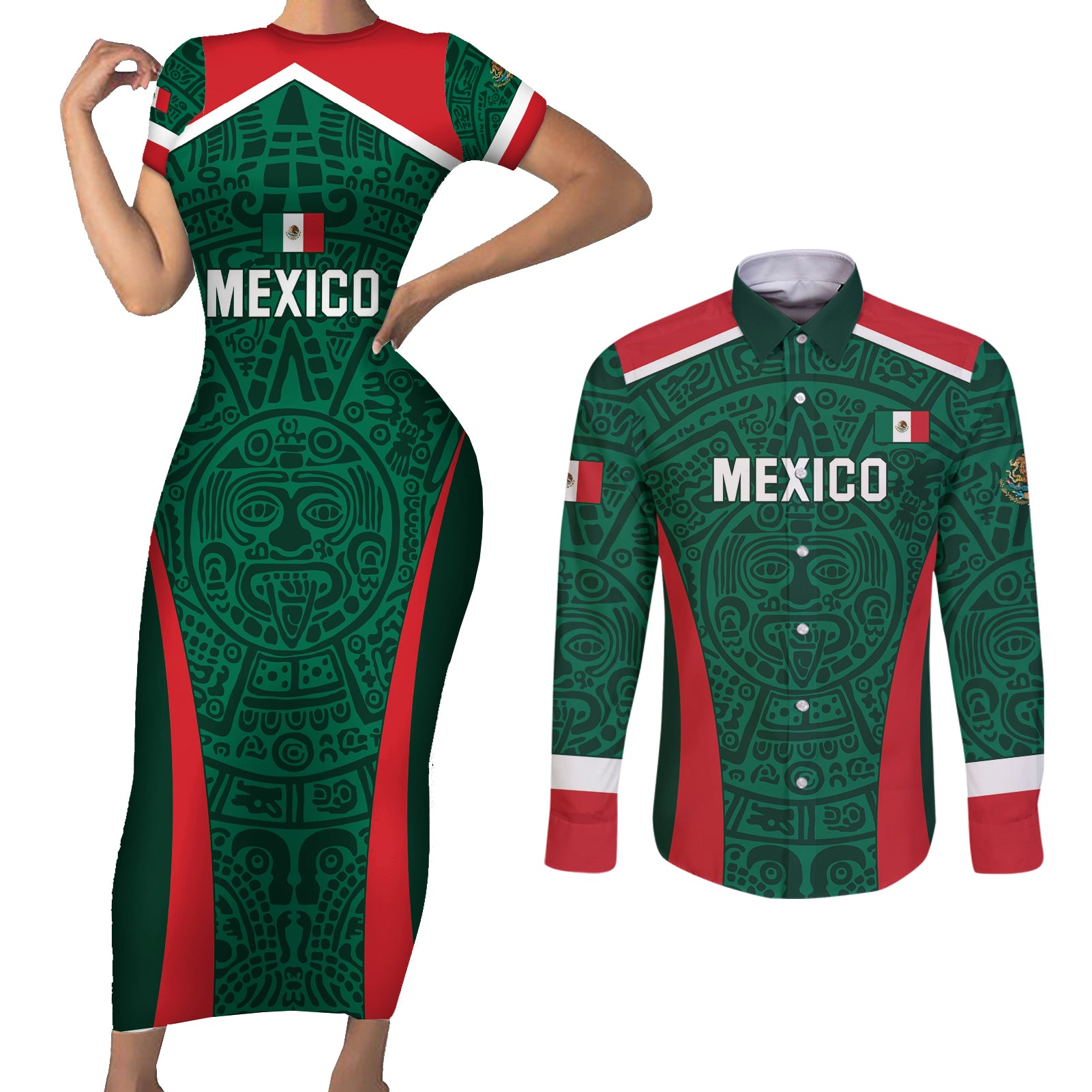 Personalized Mexico 2024 Football Couples Matching Short Sleeve Bodycon Dress and Long Sleeve Button Shirt El Tri Go Champion