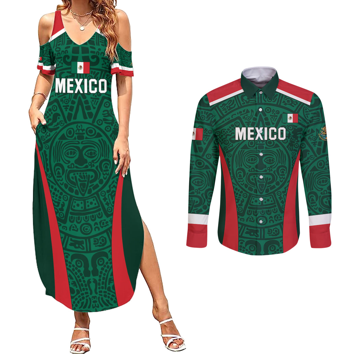 Personalized Mexico 2024 Football Couples Matching Summer Maxi Dress and Long Sleeve Button Shirt El Tri Go Champion