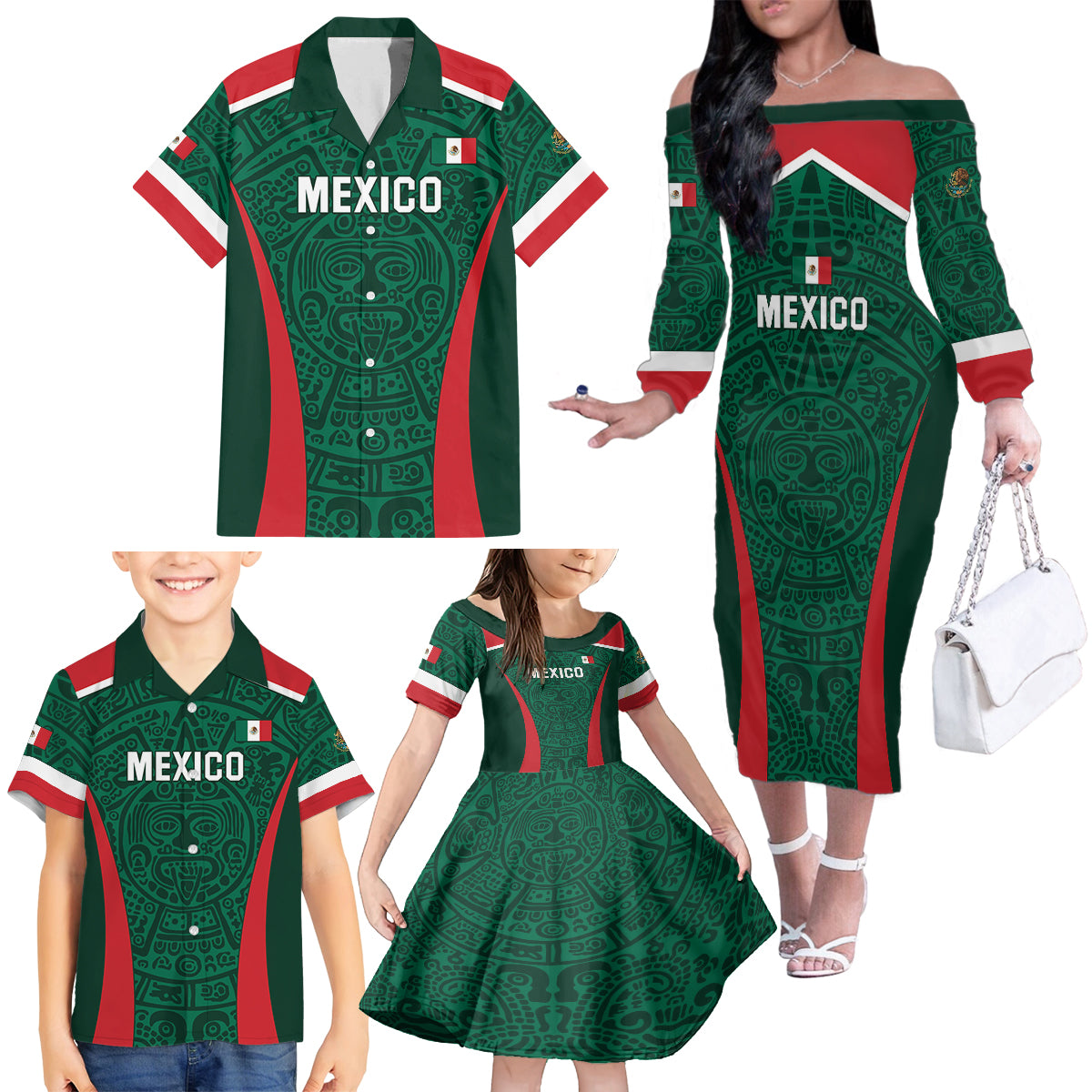 Personalized Mexico 2024 Football Family Matching Off The Shoulder Long Sleeve Dress and Hawaiian Shirt El Tri Go Champion