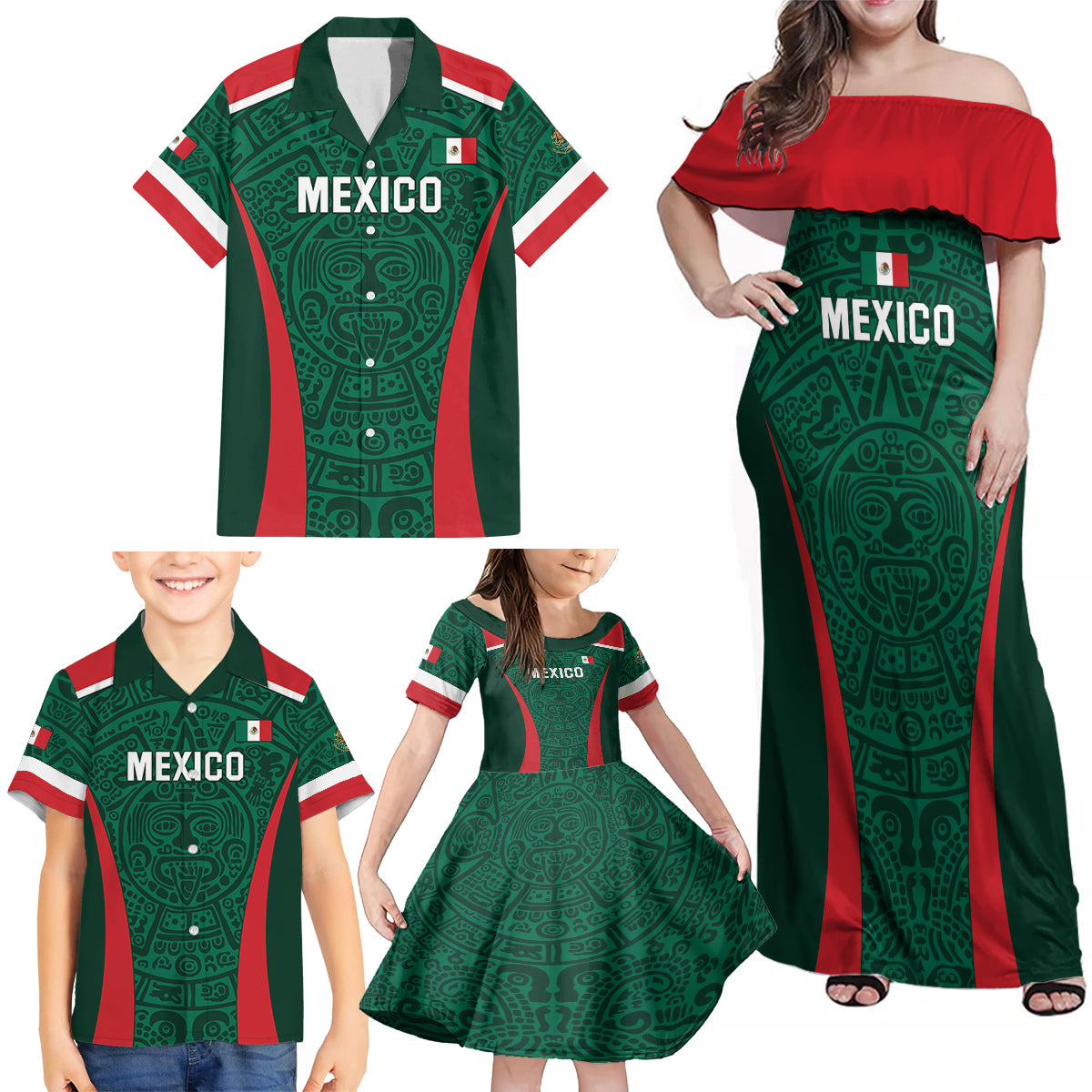 Personalized Mexico 2024 Football Family Matching Off Shoulder Maxi Dress and Hawaiian Shirt El Tri Go Champion