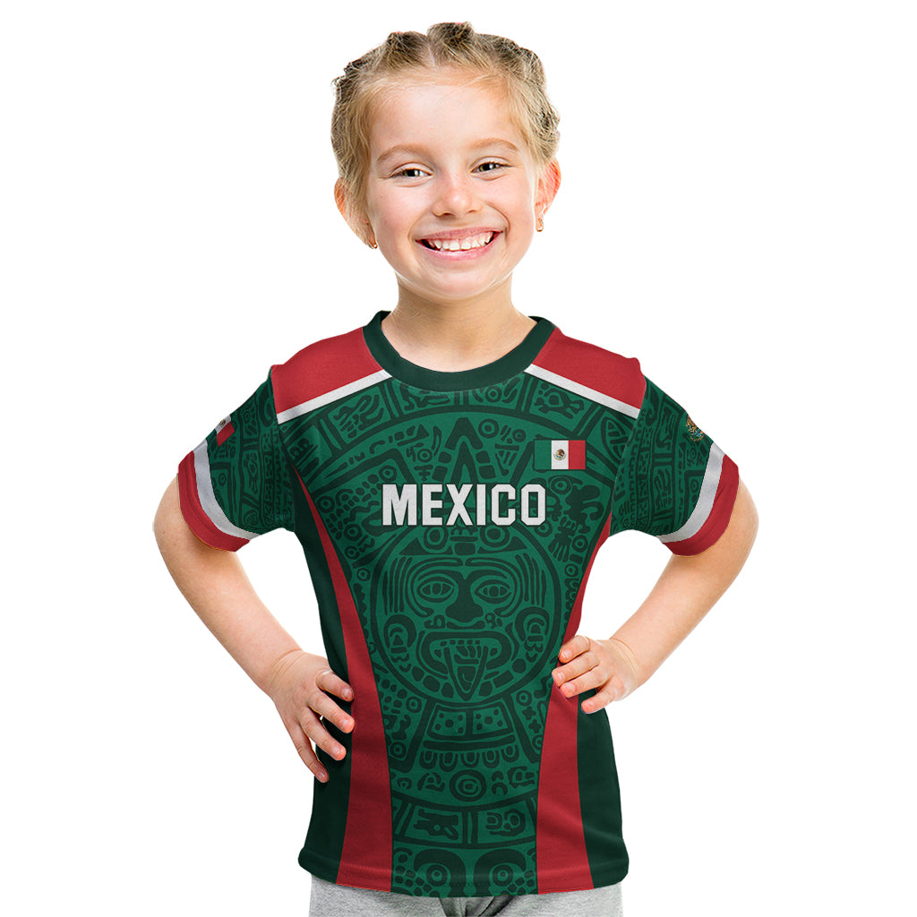 Kids green Mexico football T-shirt with “MEXICO” front graphic and red side stripes
