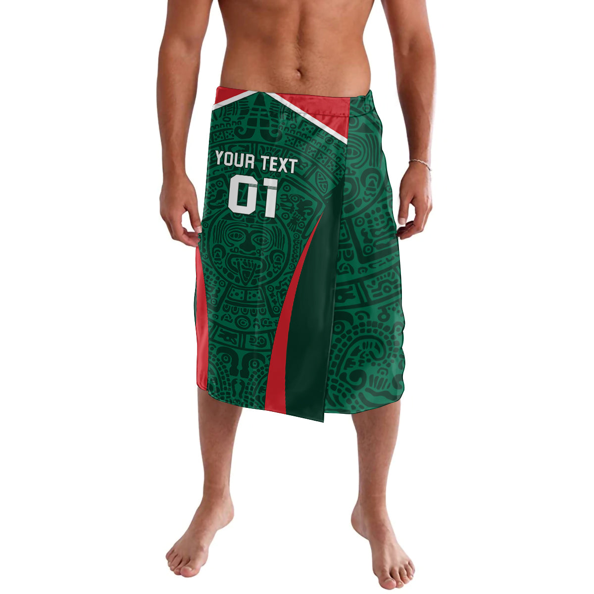 Green lavalava with red side stripe and personalized text with number 01