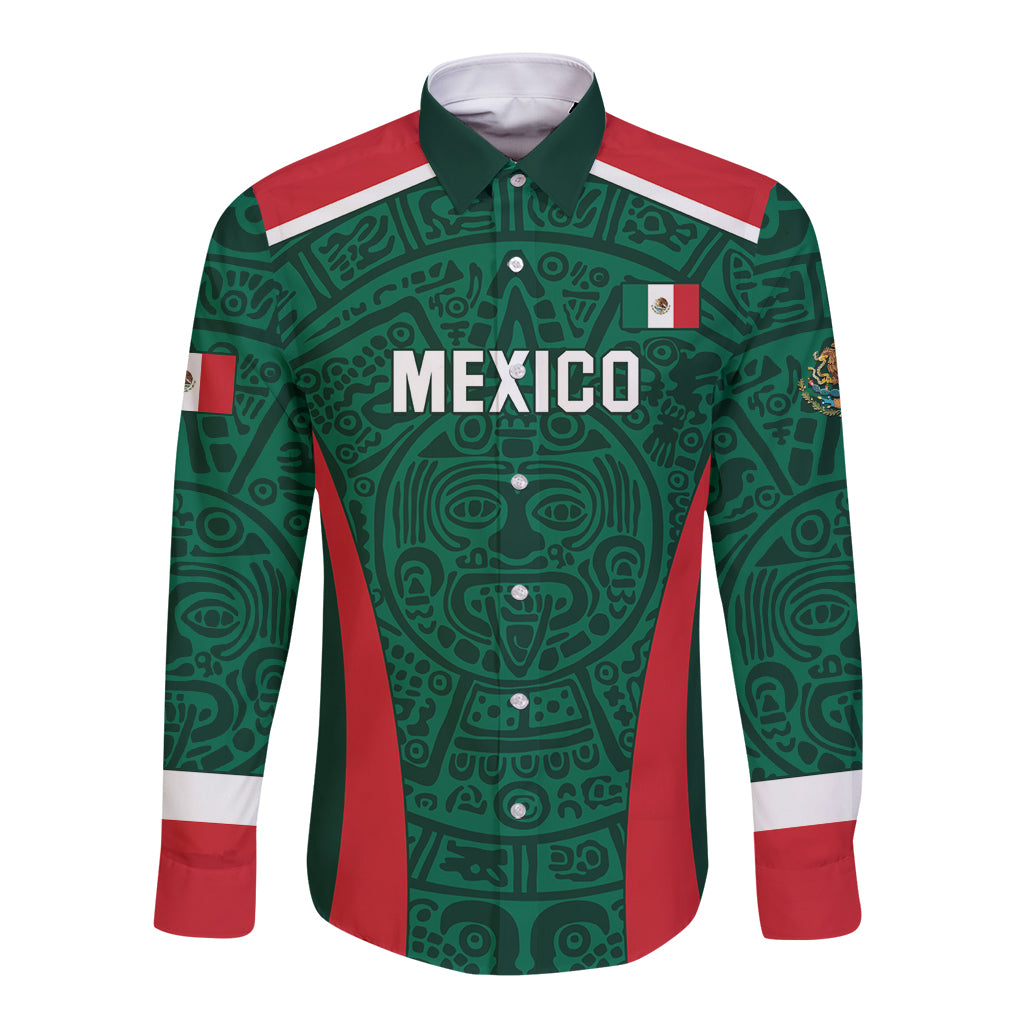 Green long-sleeve button football shirt with Mexico graphic and red/white trim