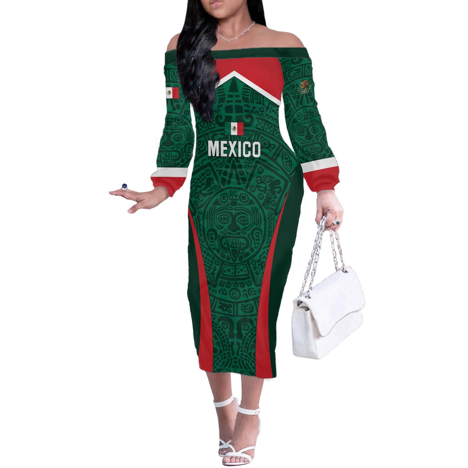 Personalized Mexico 2024 Football Off The Shoulder Long Sleeve Dress El Tri Go Champion