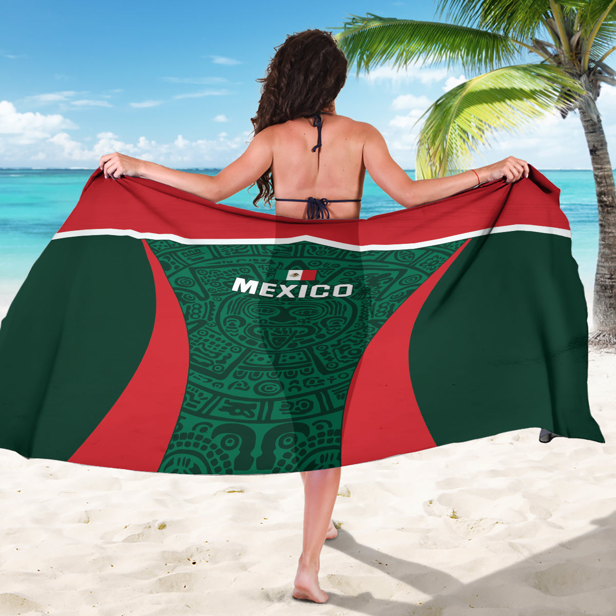 Green Mexico football sarong with MEXICO emblem, red and white stripe panels, draped
