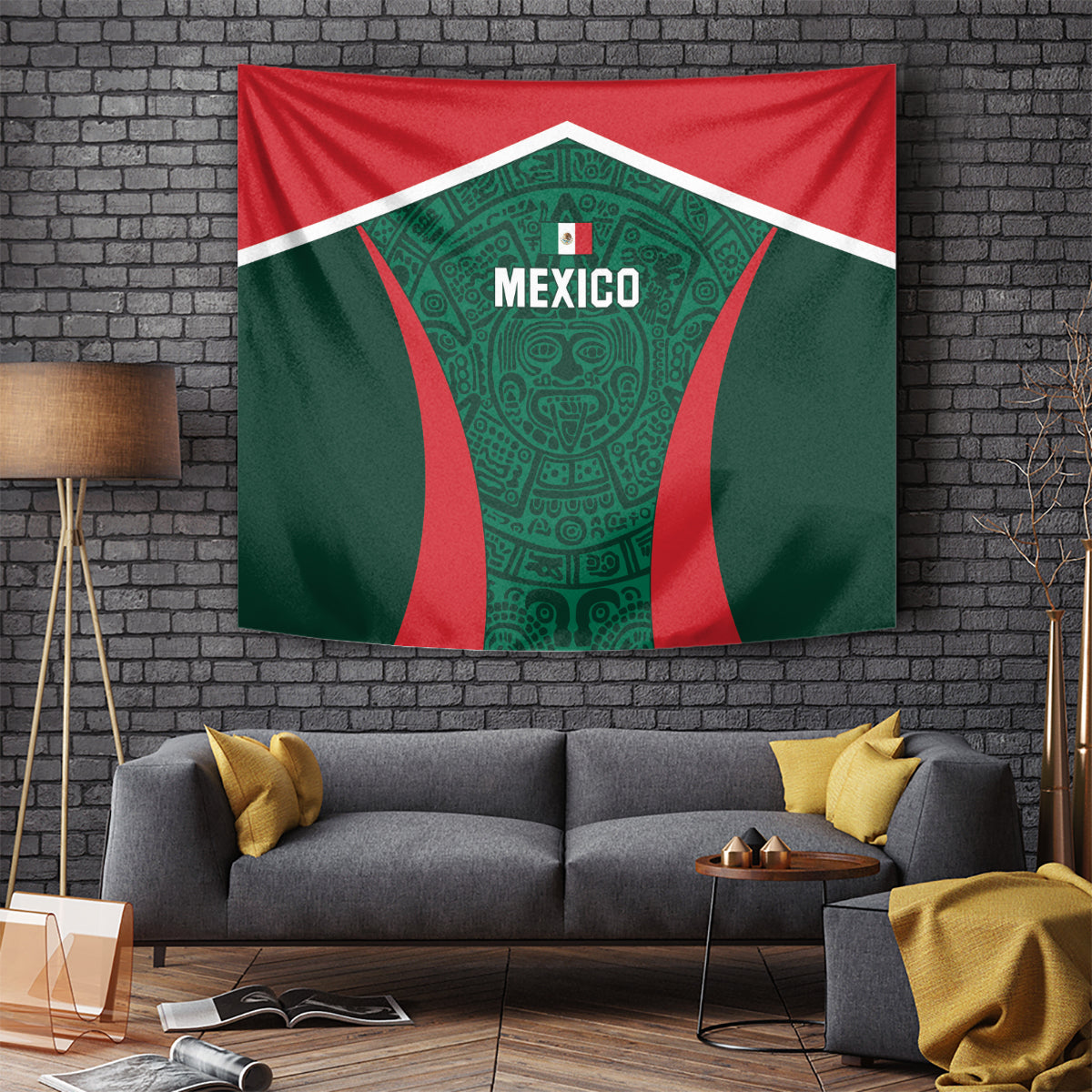 Mexico football tapestry wall hanging with green emblem panel, red border, and white accent frame