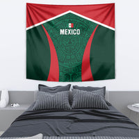 Mexico football tapestry featuring green Aztec-style graphic with red and white top trim