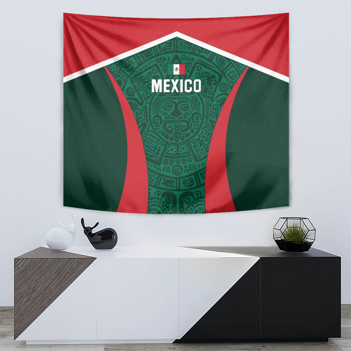 Mexico football tapestry wall hanging with green central emblem, red side sections, and white border