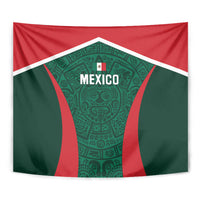 Mexico football tapestry close-up with green Aztec-style emblem, red sides, and white edge trim
